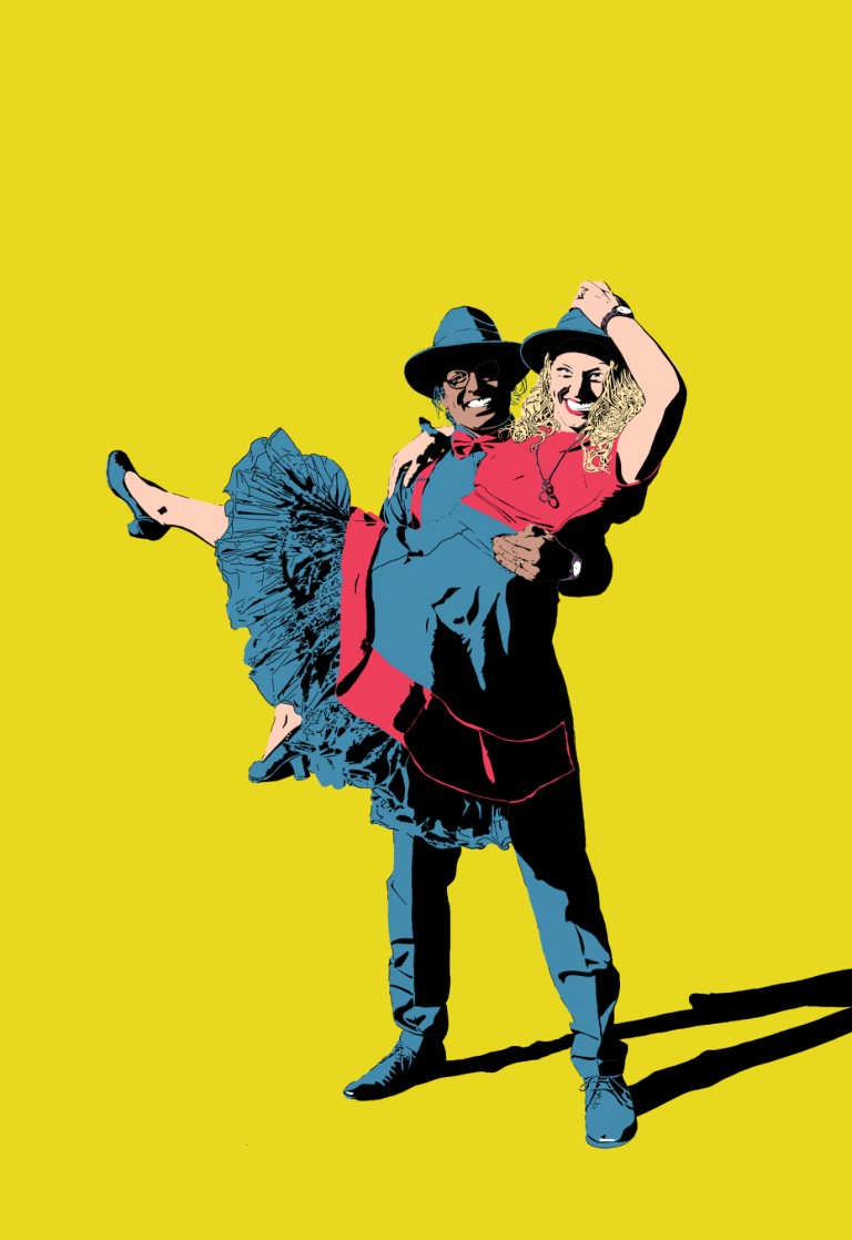 Neo-Pop-Art-Vektorportrait: ein Mann mit Hut trägt eine lachende Frau auf den Armen, gelber Hintergrund