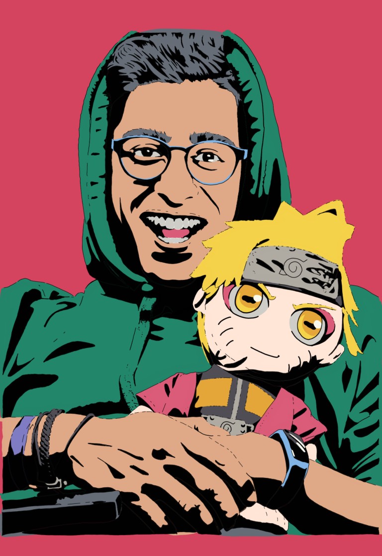 Neo-Pop-Art-Vektorportrait: lachende Person im grünen Kapuzenpulli mit Plüschfigur, pinker Hintergrund