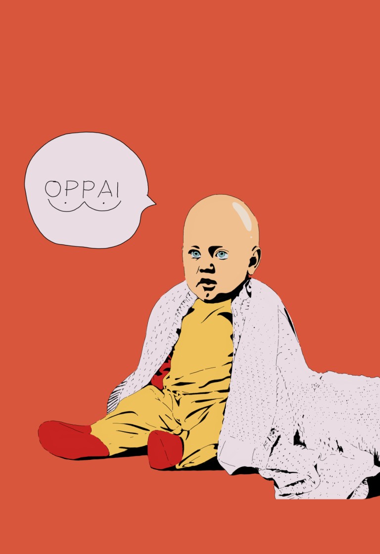 Neo-Pop-Art-Vektorportrait: Baby im gelben Kostüm mit Sprechblase, orangeroter Hintergrund