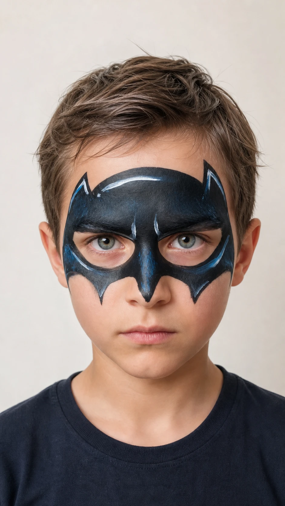 Kinderschminken: Junge mit schwarz-blauer Fledermausmaske mit spitzen Ohren