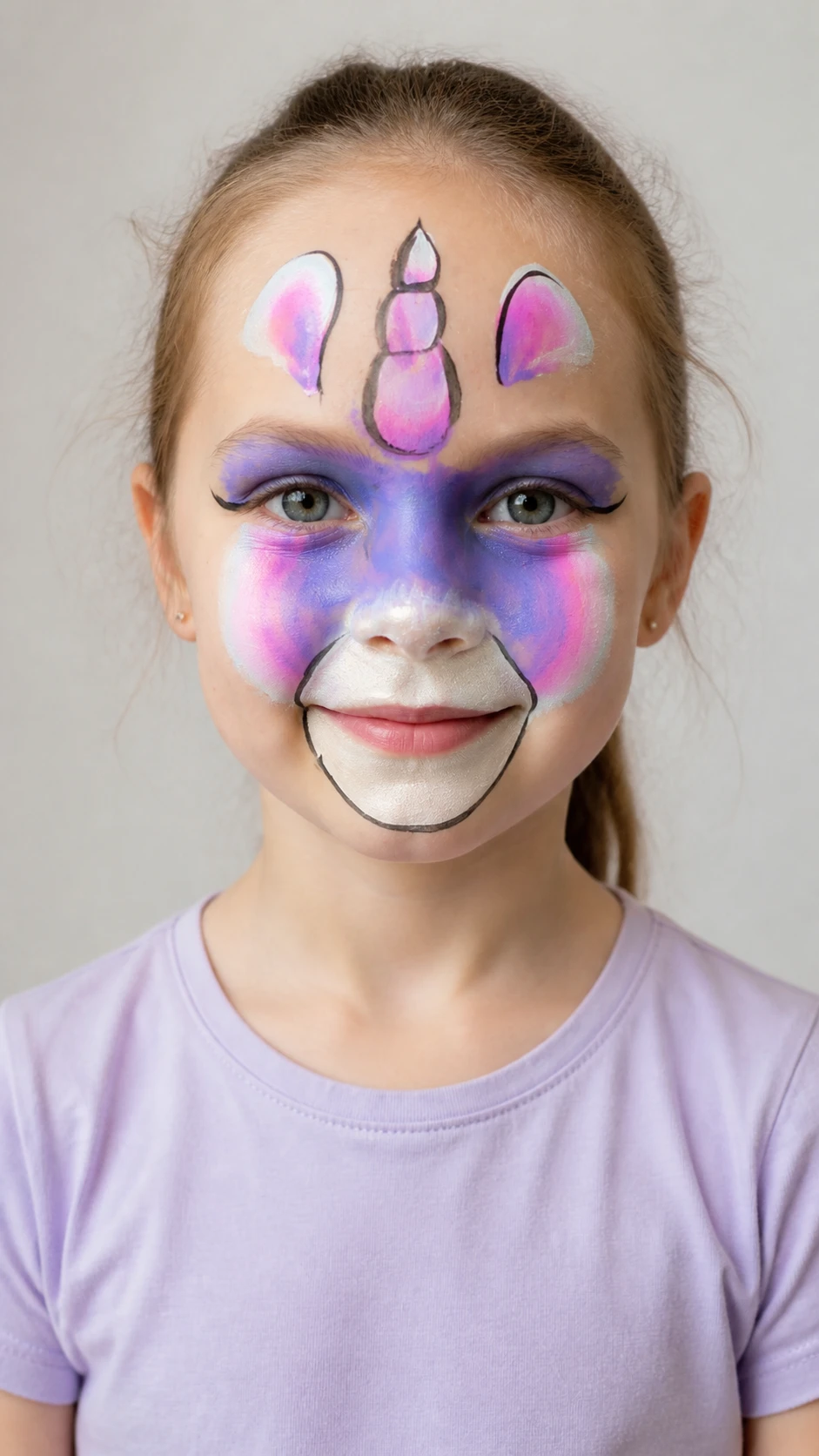Kinderschminken: Mädchen mit Einhorn-Motiv, Horn und Ohren auf der Stirn, lila und pinke Verläufe