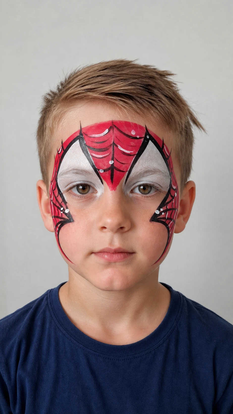 Kinderschminken: Junge mit roter Spinnennetz-Maske und weißen Augenflächen